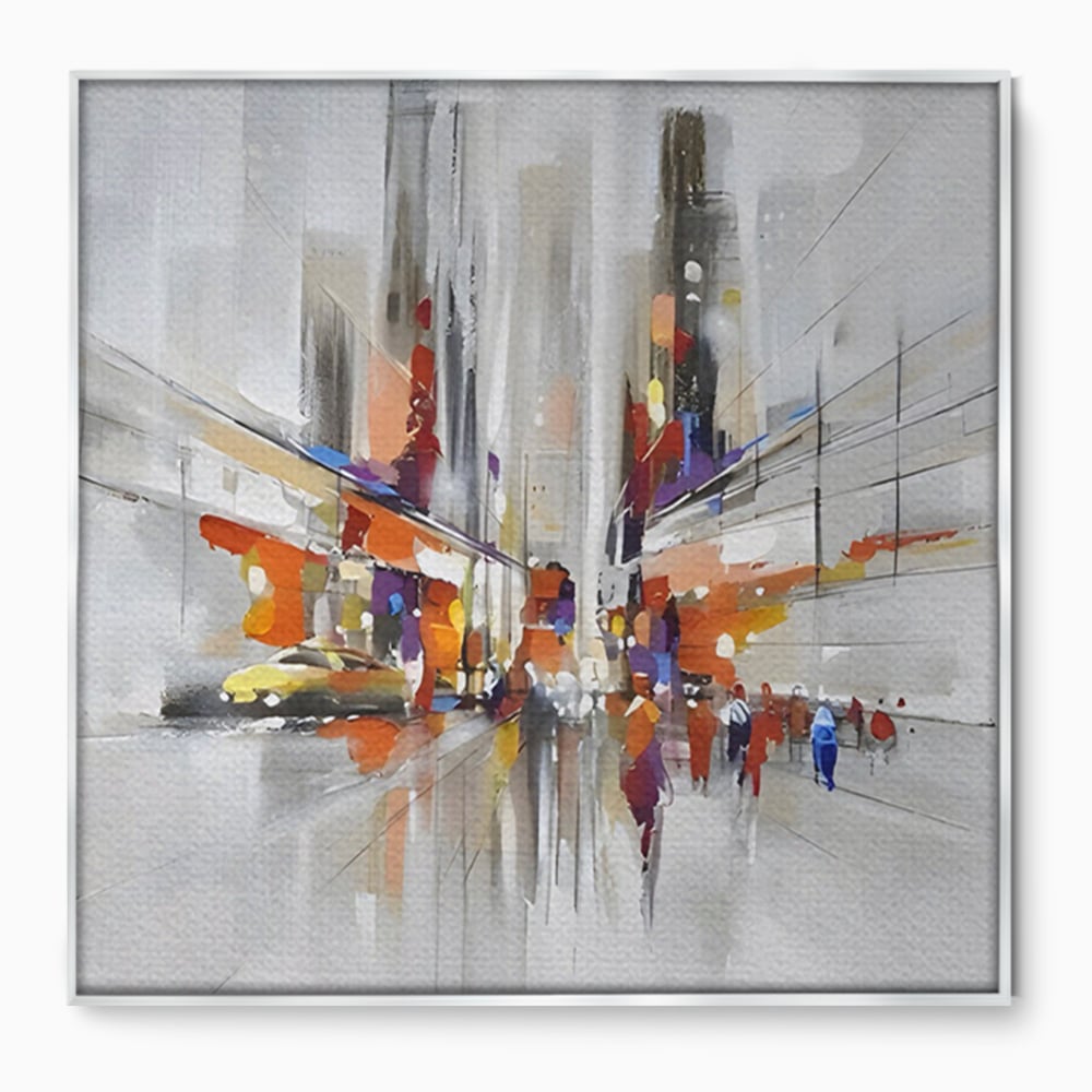 Tablou canvas cu pictura abstracta cu peisaj urban, in rama de aluminiu argintiu